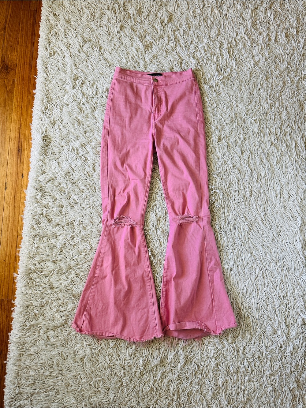 Fashion Nova Pink Flare Jeans with Distressed Knees